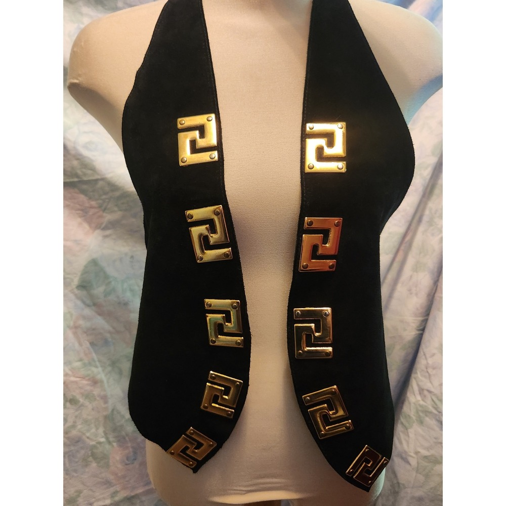Vintage Suede Halter Vest Gold Greek Key Hardware Open Back Genuine leather
